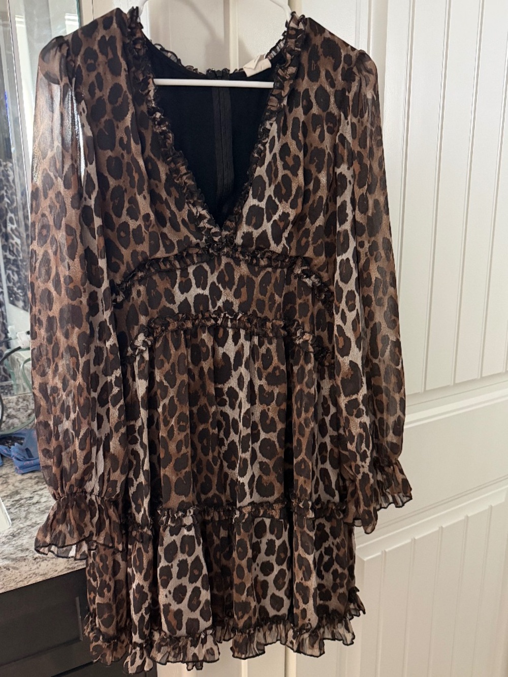 By Together Leopard Print Ruffle Mini Dress Size L Sheer Long Sleeve Boho